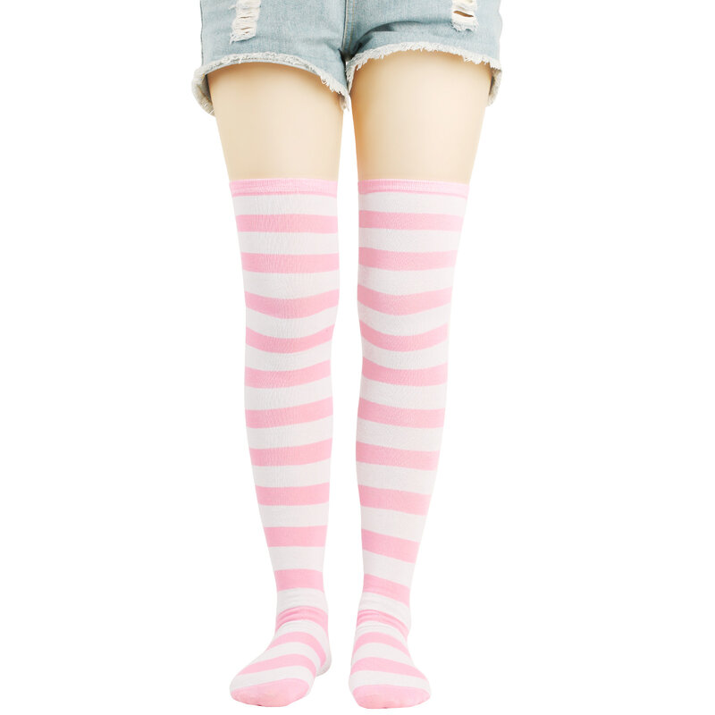 Menina's Lolita Cat pata impressão meias, sobre o joelho meias longas, listras de algodão, Coxa alta, Kawaii, JK