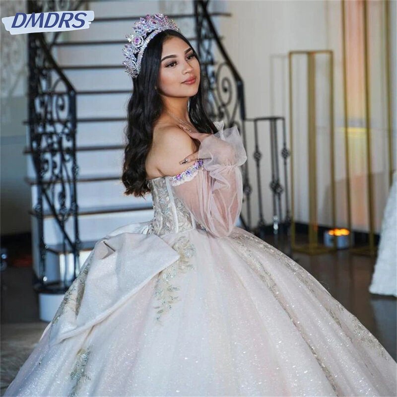 Элегантное шикарное милое кружевное платье с длинным рукавом 2024 с блестками и цветами милое платье Quinceanera 15 бальное платье искусственная принцесса