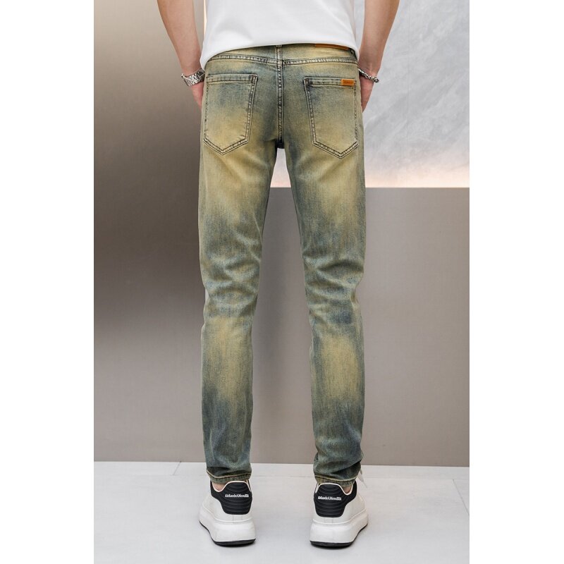 2024Spring and Summer New Retro Blue Worn Jeans Men's Stretch Slim Fashion Simple and Light Luxury Street Trousers