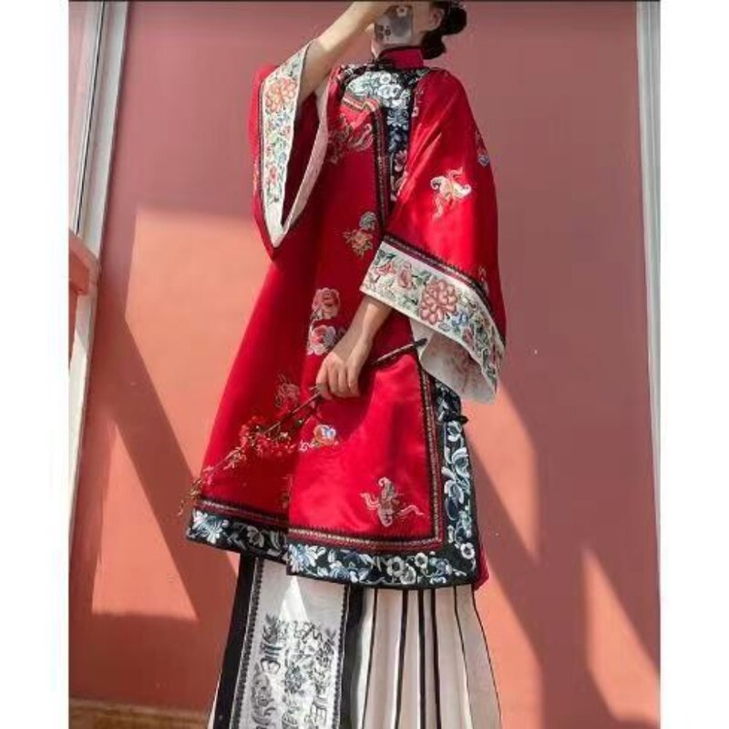 ملابس هانفو الصينية التقليدية للنساء ، بلوزة شرقية ، أزياء هالوين ، هانفو ، عباءات أسرة تشينغ المتأخرة ، الأزرق والأحمر