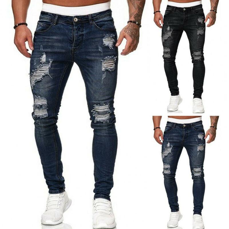 Jeans rasgado ajuste reto masculino, slim fit, tecido respirável, streetwear hip hop, correspondência de cores, botão-zip, elegante