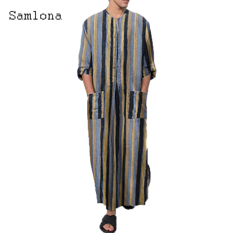 Samlona-Camisa casual de meia manga com listras, túnica thobe masculina, muçulmana, kaftan islâmico, árabe, roupas da moda, plus size, primavera, 2024