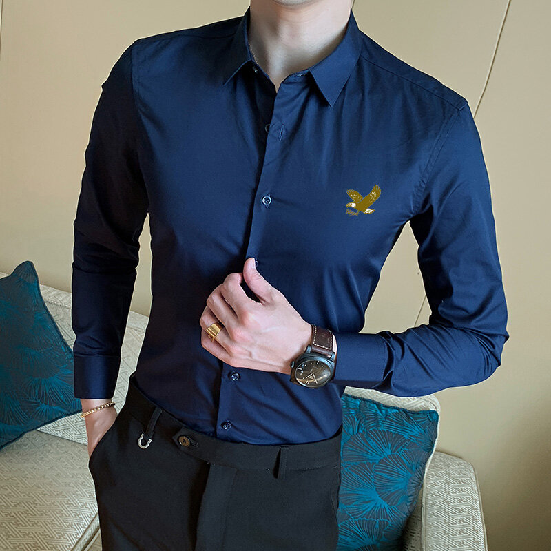 เสื้อเชิ้ตลายเหยี่ยวสำหรับผู้ชายผ้าคอตตอนเสื้อเชิ้ตผู้ชายสีน้ำเงินเสื้อเชิ้ตใส่สบายใส่สบาย