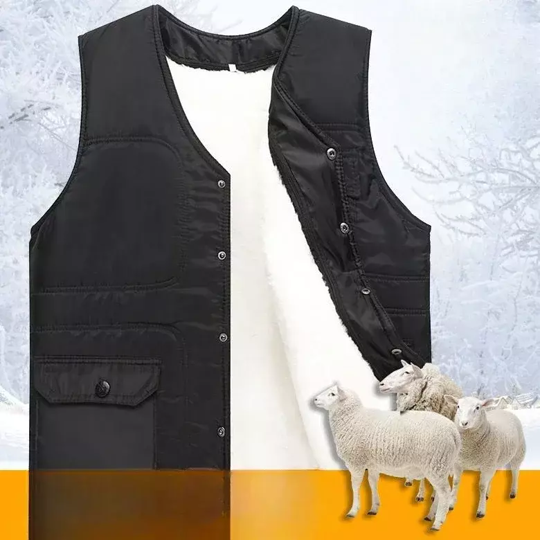 Rompi wol leher V pria, pakaian musim dingin 2024, mantel tanpa lengan kasual tebal hangat D541