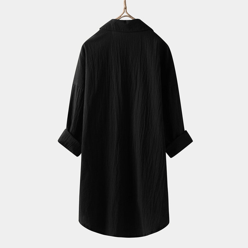 Осеннее женское платье-футболка из хлопка и льна, женская Свободная блузка большого размера, топы с лацканами, рубашка в стиле ретро, Однотонная юбка