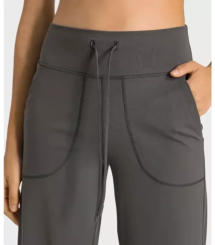 Lulu-pantalones holgados de pierna ancha para mujer, pantalón de Yoga de cintura alta con cordón, informal, para correr al aire libre, gimnasio, deportes, acampanados