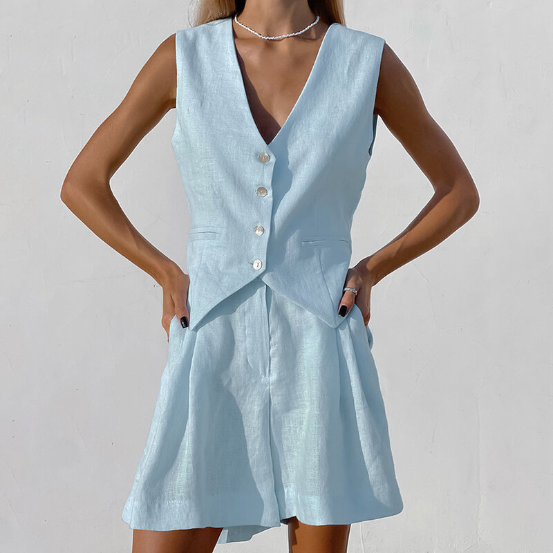Women Cotton Vest Top & Shorts Set V-Neck Buttoned Black Matching Sets Summer Vintage Boho High Waist Loose Work Streetwear 2024