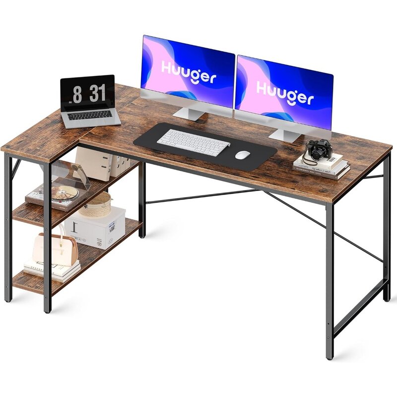 Meja Komputer bentuk L dengan rak penyimpanan bolak-balik, meja sudut game untuk rumah kantor, meja belajar menulis dengan bingkai logam,