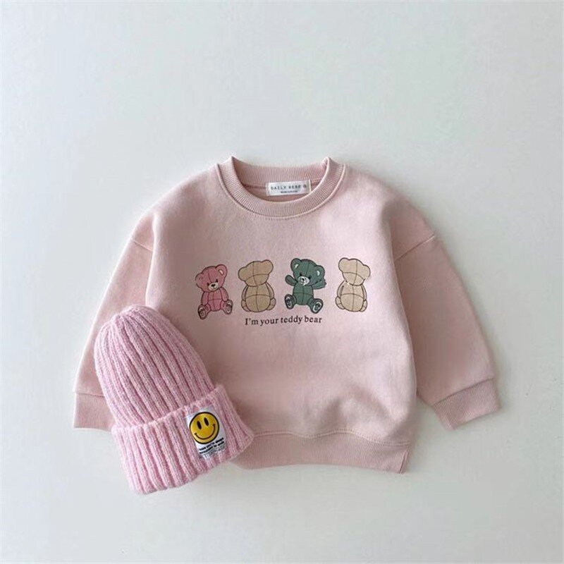 2022 novo bebê hoodies bonito urso impressão infantil meninos dos desenhos animados topos outono crianças manga longa camisola de algodão roupas das meninas