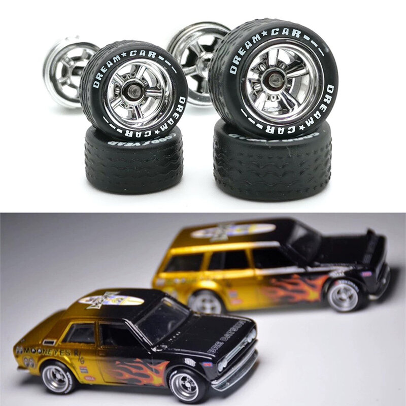 1Set Real Riders Wheels Rims Tires for 1/64 Scale Cars Hot Wheels Model Modification Hub Rubber Tires Racing Vehicle Toys