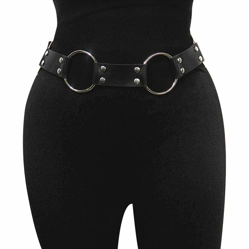 Ceinture gothique punk en métal pour femme, anneau de cercle, design broche en argent, structure cuir, ceinture noire, jeans, environnement de taille, mode