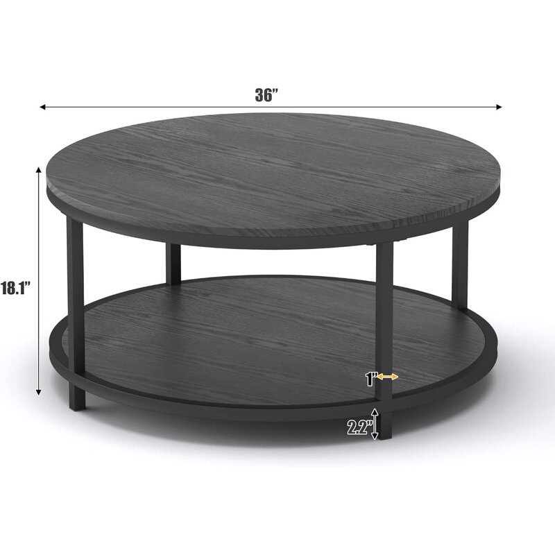 Tavolino rotondo da 35.8 pollici con portaoggetti e gambe robuste in metallo, stile contemporaneo, tavolino da caffè