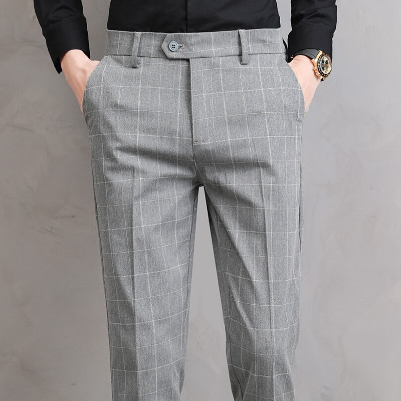 Pantalones formales de verano para hombre, traje de negocios de moda coreana, pantalones a cuadros, pantalones de vestir elásticos de Ajuste Recto, negro y gris