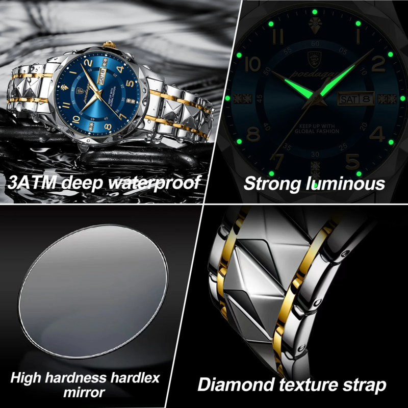 POEDAGAR-Reloj deportivo de lujo para hombre, cronógrafo de cuarzo, resistente al agua, con fecha y semana, luminoso, de acero inoxidable