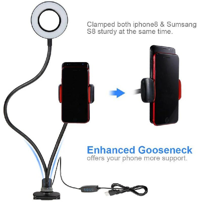 Flexível Dimmable Suporte Do Telefone, Live Desk, Clipe Lâmpada De Mesa, Aprendizagem A Ler, LED Selfie, USB Carregamento Luz