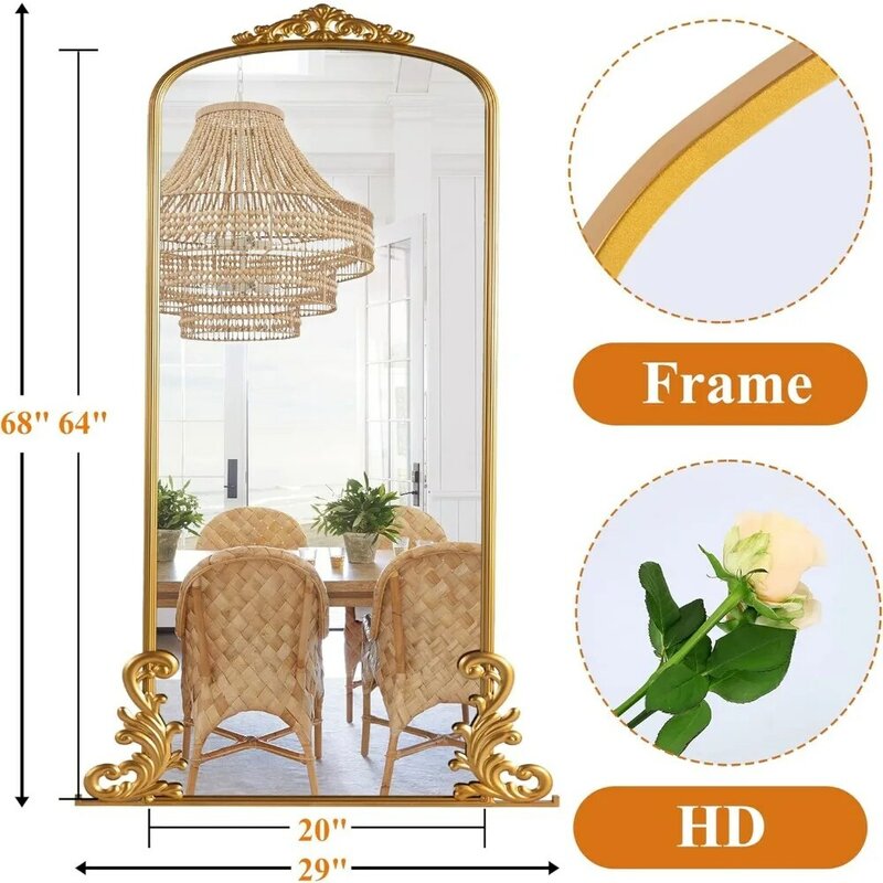 Arched Full Length Mirror Vintage Carved Mirror Metal Frame Wall-Mounted Mirror for Home Decor Bathroom Entryways Gold Mirrors