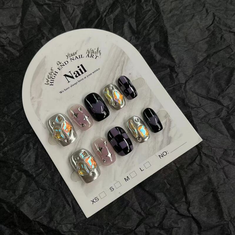 10 Stück handgemachte y2k koreanische tragbare Presse auf Nagel würzige Mädchen Patch Design volle Abdeckung kurze lila Glitter wieder verwendbare Acryl nägel