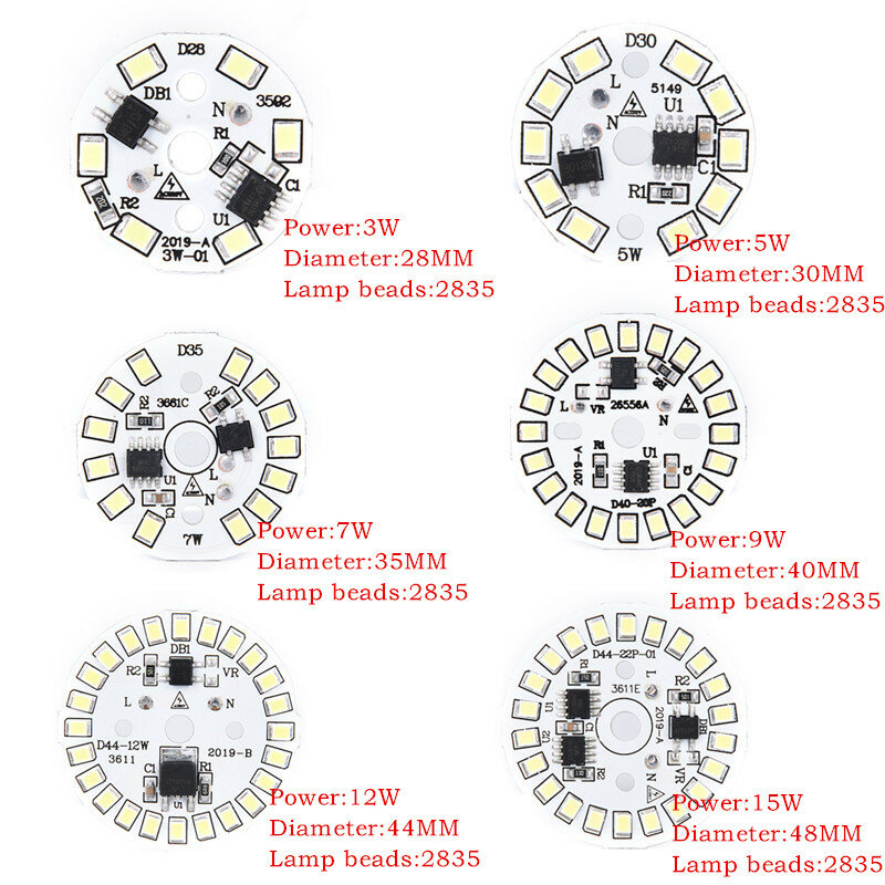 SMD Placa Módulo Circular Fonte de Luz Placa, Lâmpada LED Patch, 220V, 3W, 5W, 7W, 9W, 12W, 15W, Dia 28, 30, 35, 40 44/48mm/