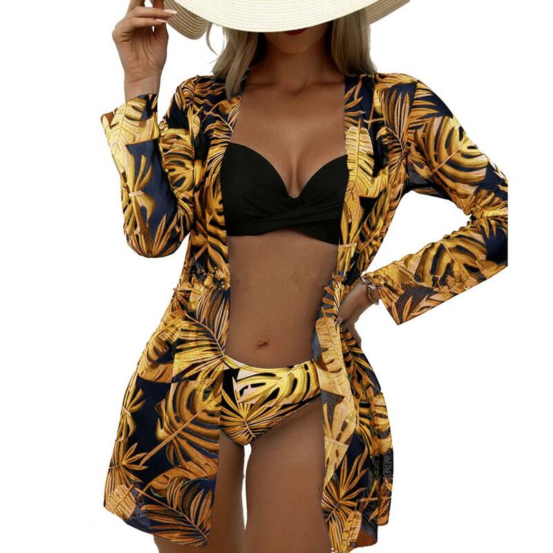 Swimsuit Set Floral Print Bikini Set with Cover-up High Waist Swimming Sling Bra for Women Summer Beachwear Bathing Suit