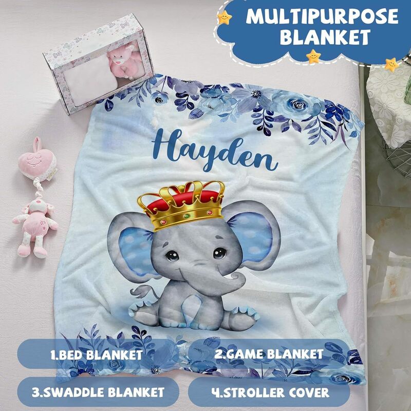 Personalized blankets for girls and boys customized blankets with names,soft and comfortable elephant blankets for birthday gift