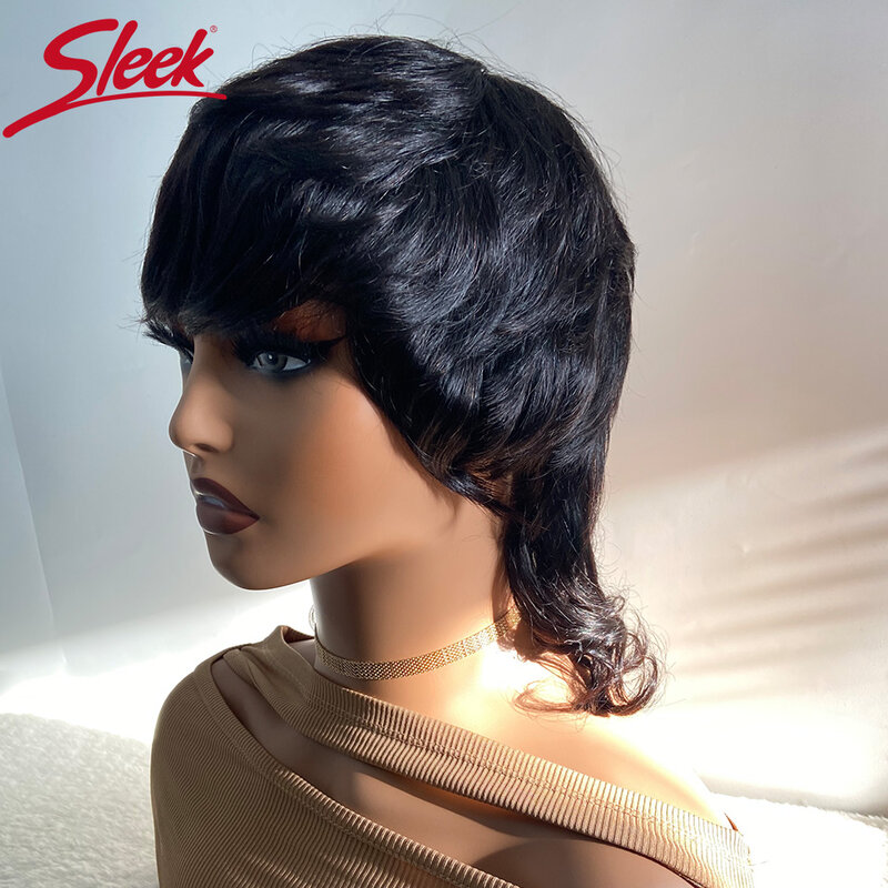 Sleek Short Pixie Cut Human Hair Wigs For Women Natural Black Remy Brazilian Hair Wigs For Man Short Wigs With Bangs In Back