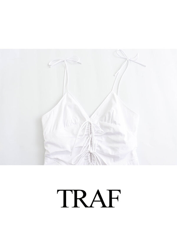 TRAF 여성용 비치 스타일 미니 원피스, 화이트 V넥 민소매 레이스업 할로우 아웃, 백리스 지퍼, 우아한 드레스, 여름 패션