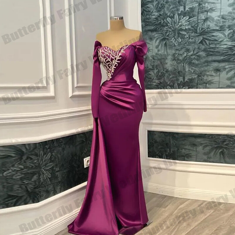 Luxurious Latest Long Evening Dresses For Women Slimming Off Shoulder Long Sleeves Design Ruched Waist Ribbon Beading Sequined