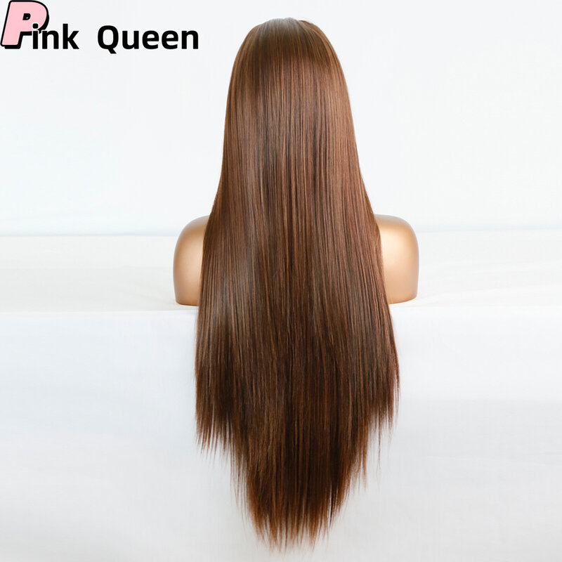 Czekoladowy brąz koronkowa peruka na przód bezklejowy przezroczysty prosty peruki typu Lace Front 13x4 dla kobiet syntetyczna koronka wysokiej jakości włosów