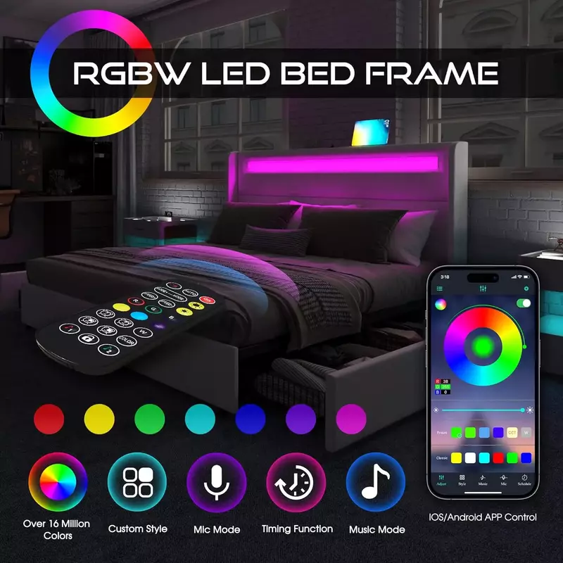 RGBW LED 조명이 있는 킹 침대 프레임, 헤드 보드 및 4 개의 보관 서랍, 덮개를 씌운 스마트 플랫폼 침대, USB 및 USB-C 포트