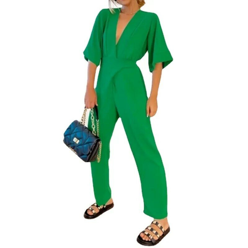 여성용 랜턴 슬리브 점프수트 벨트 포함, 하이웨이스트 V넥 패션, 우아한 캐주얼 바지, 전체 단색 용수철 여름 신상