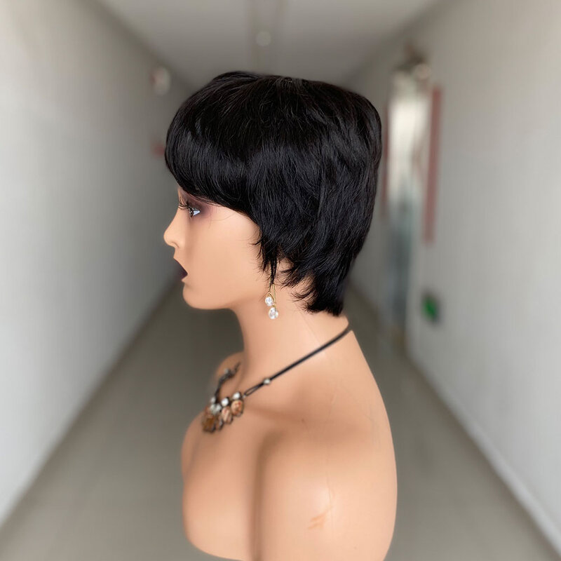 Short Straight Human Hair Wigs With Bangs Natural Color Brazilian Remy Hair Pixie Cut Wig Cheap Human Hair Wig For Black Women
