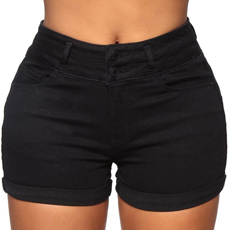 Liooil-shorts jeans de cintura alta para mulheres, algodão, elástico, casual, suado, com zíper, branco, preto, algemado, verão 2023