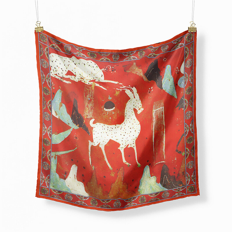 Dunhuang-bufanda cuadrada de Sarga de seda de 53CM para mujer, Bandana con pintura de ciervos de nueve colores, Hijabs pequeños, diadema musulmana de lujo