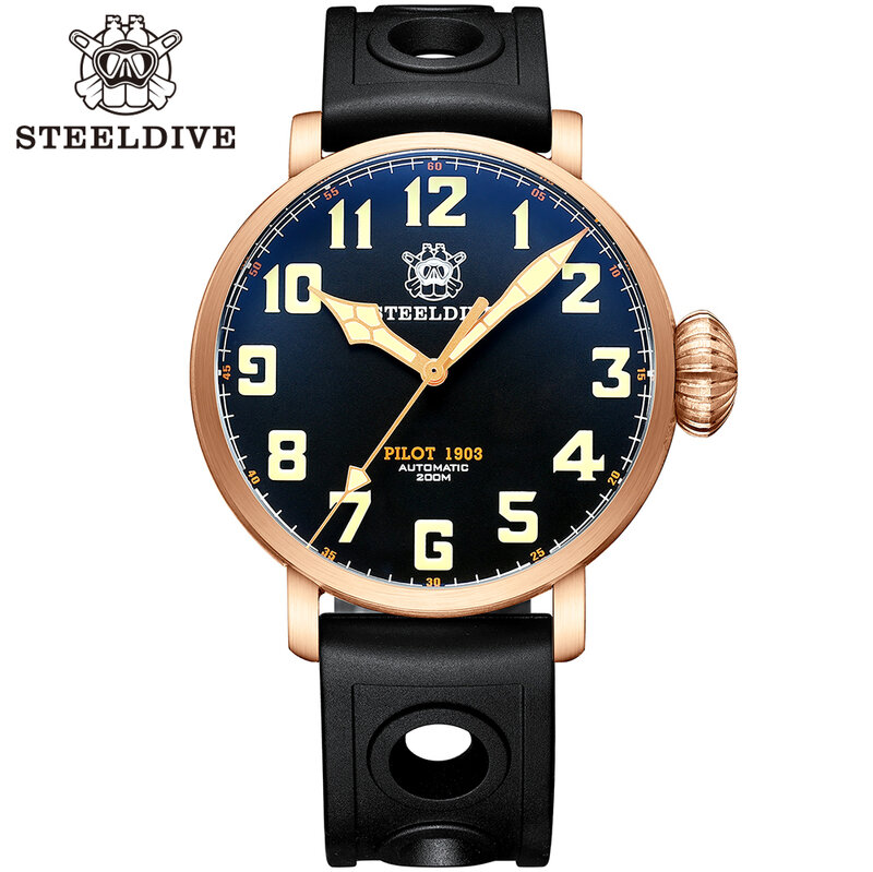 SD1903S STEELDIVE Brand 46.5MM Solid Bronze Case Black Dial Rubber Strap NH35 Automatic 200M Waterproof Dive Watch for Men