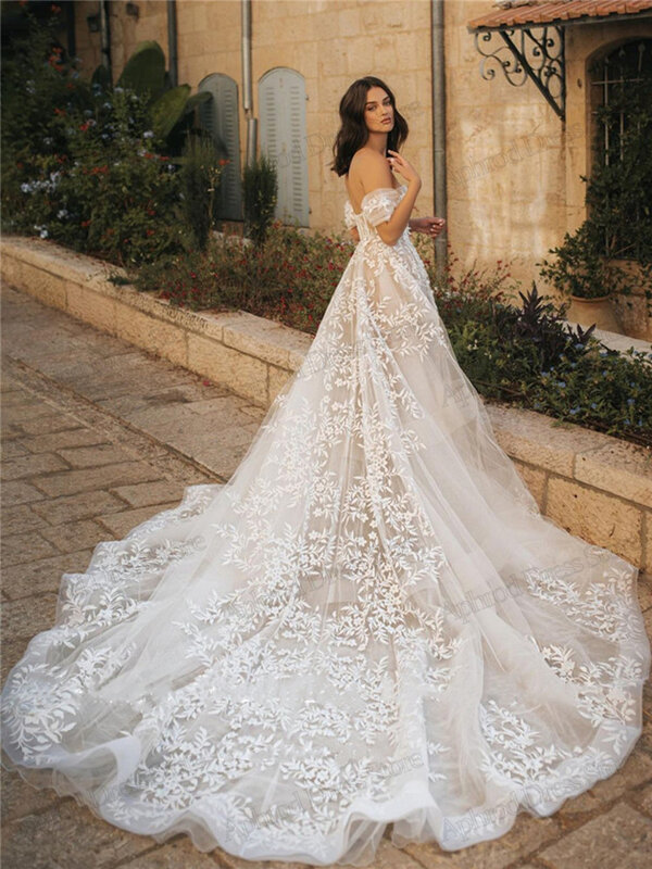 Gaun pernikahan indah gaun pengantin putri A-Line jubah bordir panjang bahu terbuka gaun pengantin mewah Vestidos De Novia