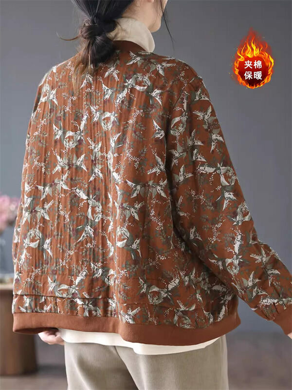 Chaqueta acolchada de gran tamaño con estampado Retro para mujer, abrigo de algodón versátil con cuello de béisbol informal ligero, Top corto Floral, K856
