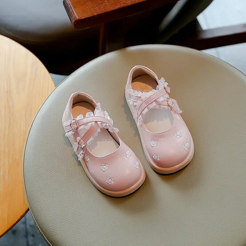 Children's Leather Shoes Spring/autumn Girls' Flat Shoes Fashion Kids Princess Embroider Flowers Mary Jane Shoes Sweet Causal
