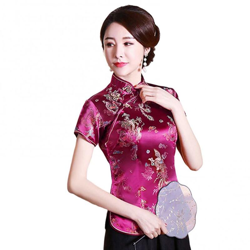 Женская рубашка-Блуза в китайском стиле Ципао с коротким рукавом и вышивкой дракона/Феникса