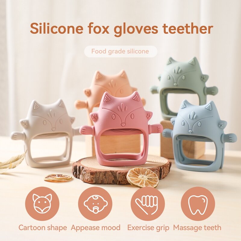 Luvas de dentição de silicone para crianças, Baby Nursing Fox, Sem BPA, Chocalho para criança, Chocalho para criança, Chupando os dedos