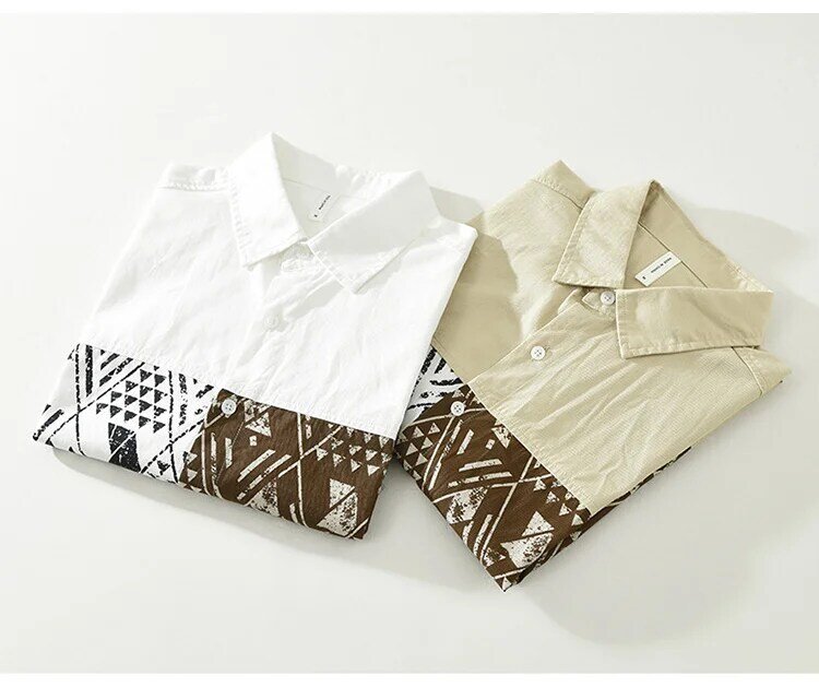 Camisa de lapela de manga curta masculina, camisa estampada com emenda 90% algodão, casual diário, moda jovem, verão, novo, 2024