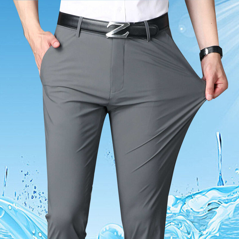 Calça fina de seda láctea elástica de quatro lados masculina, casual para escritório, nova, verão