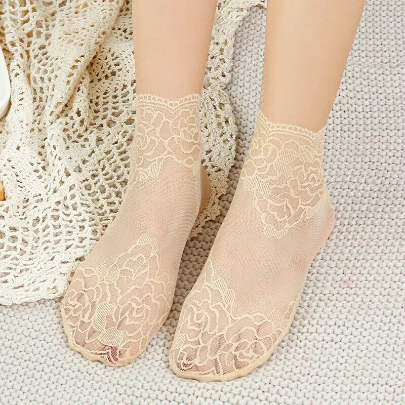 ถุงเท้าผ้าลูกไม้ลายดอกไม้สำหรับผู้หญิง5/10คู่ถุงเท้าหุ้มข้อข้อข้อข้อต่ำโปร่งใสระบายอากาศได้ดีถุงเท้าสั้นของผู้หญิงเซ็กซี่กันลื่น