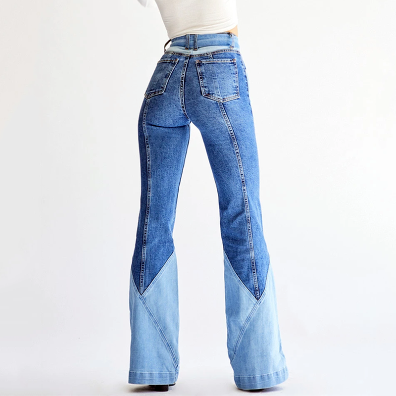 Women's Skinny Two-color Stitching Jeans with Pocket Belt Sexy Denim Flared Boyfriend Jeans Color Block High Waist Flared Jeans