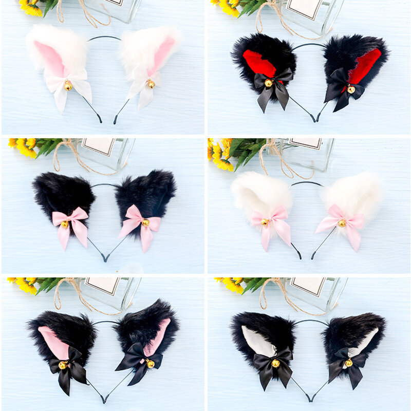 Carino volpe orecchie di gatto peluche fascia Lolita Cosplay Costume da festa papillon campana ragazze Anime accessori per capelli forniture di Halloween