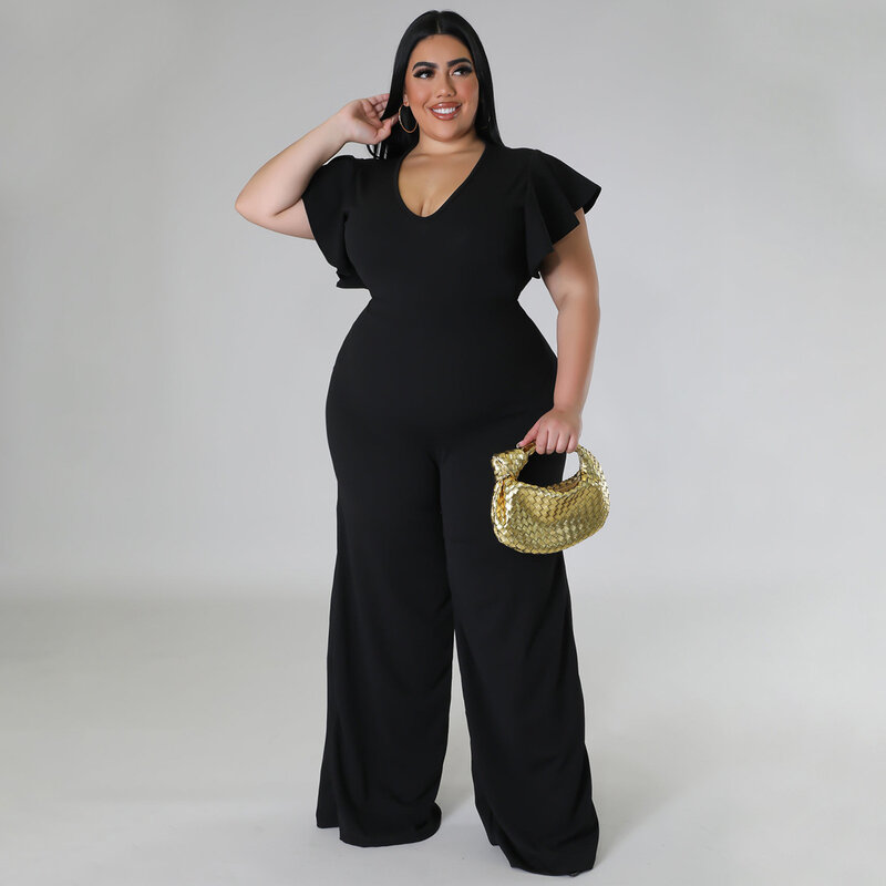 Plus Size One Piece Women Clothing Elegant Ruffle Sleeve Outfit Lady Outwear Wide Leg Pant 2023 Spring Female Fashion Jumpsuit