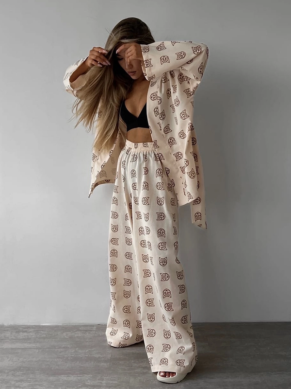 Женская пижама с длинным рукавом Marthaqiqi, Повседневная Свободная пижама с принтом, Элегантная ночная одежда на шнуровке, одежда для сна с широкими брюками