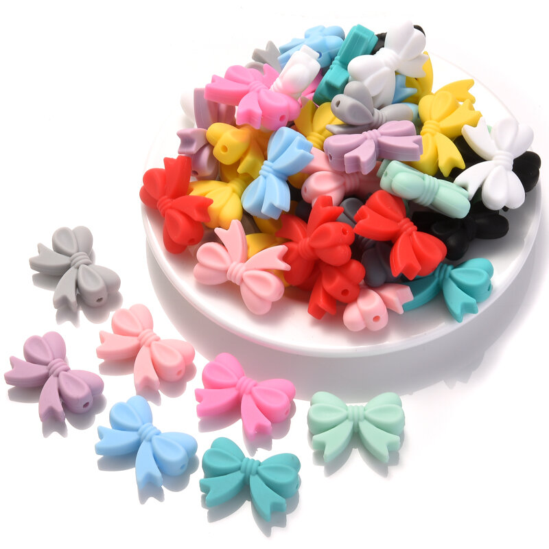 10Pcs Silicone Beads DIY Baby Teething Bow Tie Beaded Pacifier Chain Necklace Bracelet For Nursing Teether Pearls Chew Safe Toy