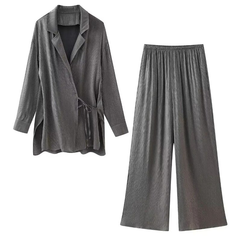 Abrigo de manga larga con cordones para mujer, traje holgado con efecto arrugado, Top elegante y pantalones, Estilo Vintage, a la moda, novedad de 2024