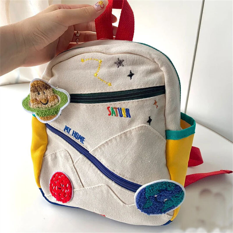 Детская сумка с вышивкой имени, индивидуальный легкий рюкзак для детского сада и школы, с милой планетой, Холщовый ранец для девочек и мальчиков
