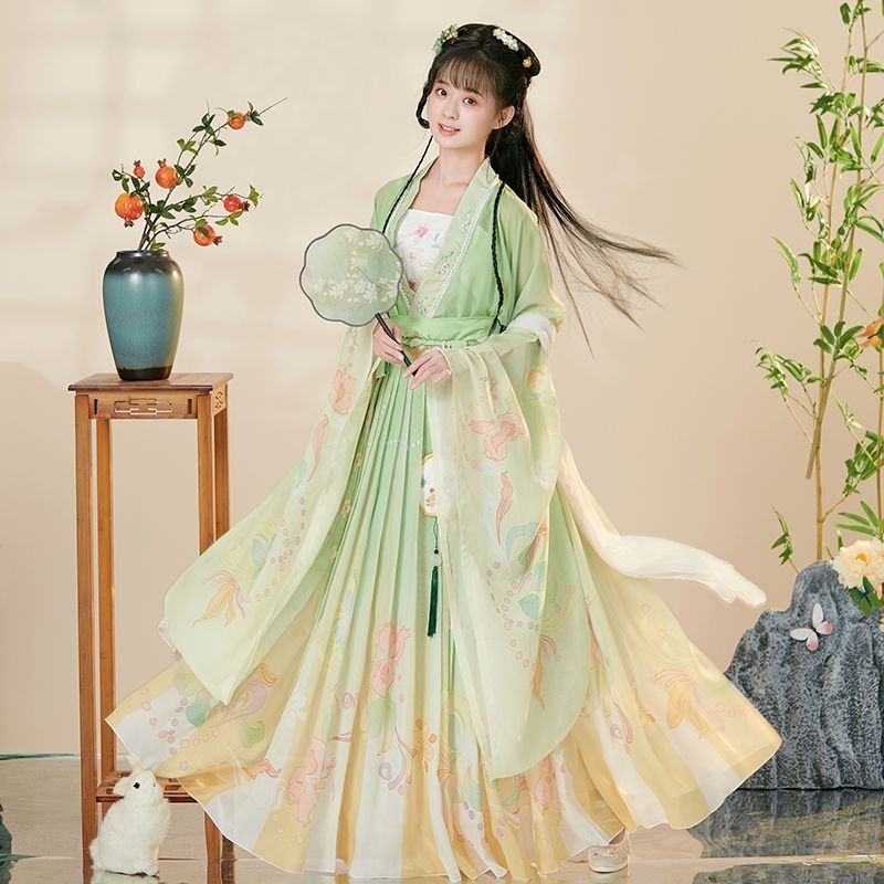 Hanfu กระโปรงนางฟ้าลายกวางไล่ระดับสีแบบดั้งเดิมของจีนชุดของผู้หญิงชุดเจ้าหญิงการแสดงบนเวทีคอสเพลย์